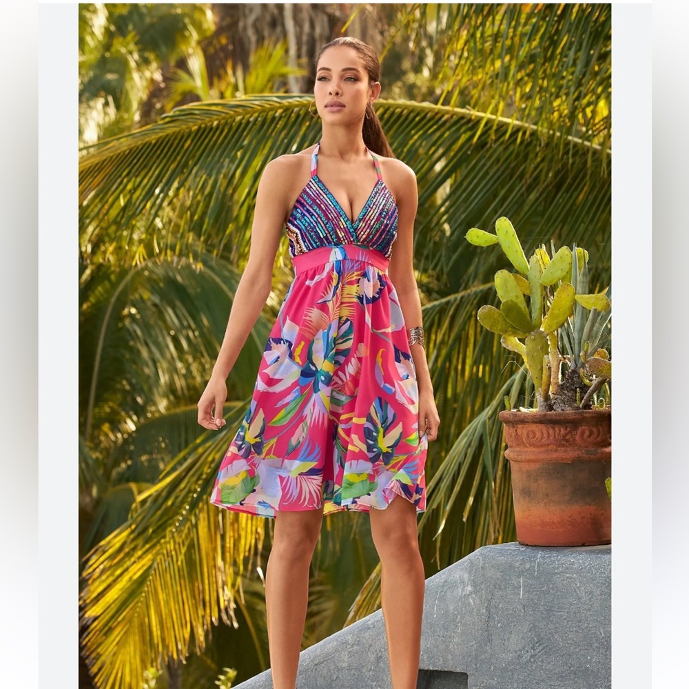 Boston Proper Pink and Blue Halter Sundress